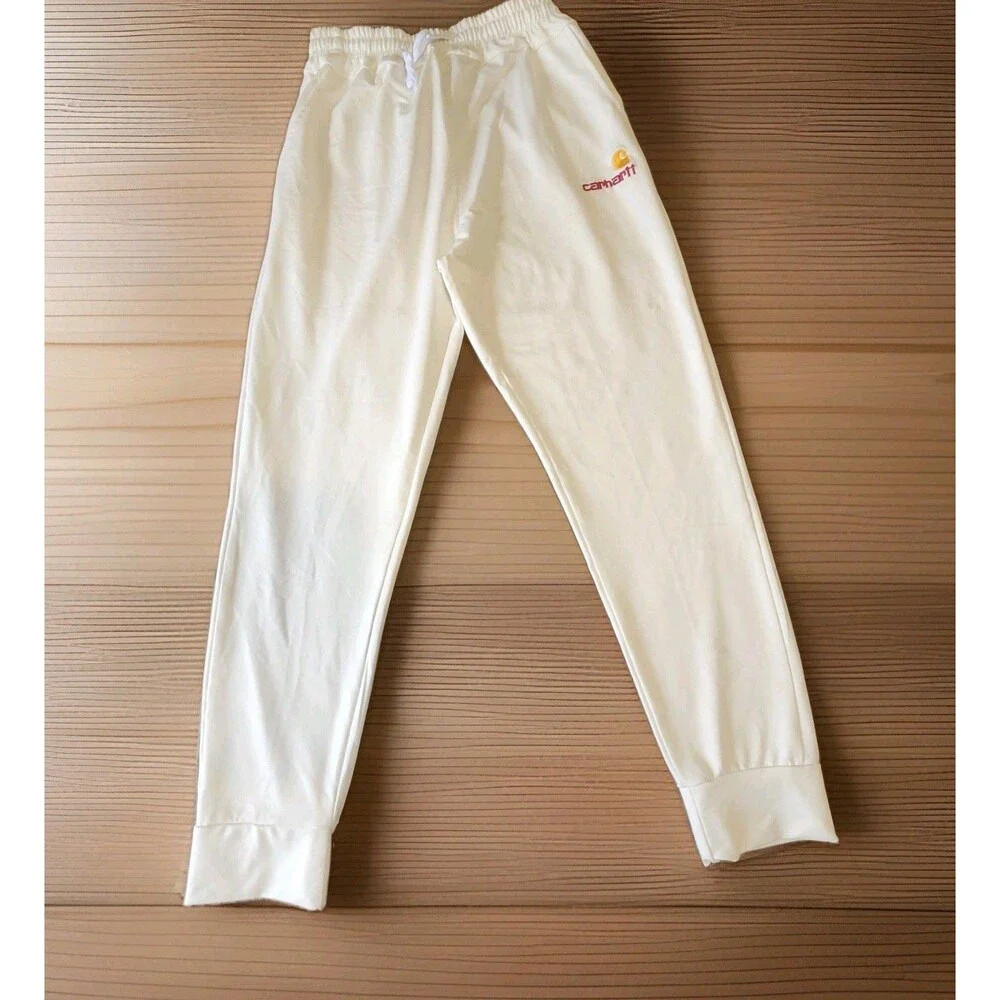 Mens Carhartt Joggers Embroidered Logo Off White Size L Loose Fit Light Stain
